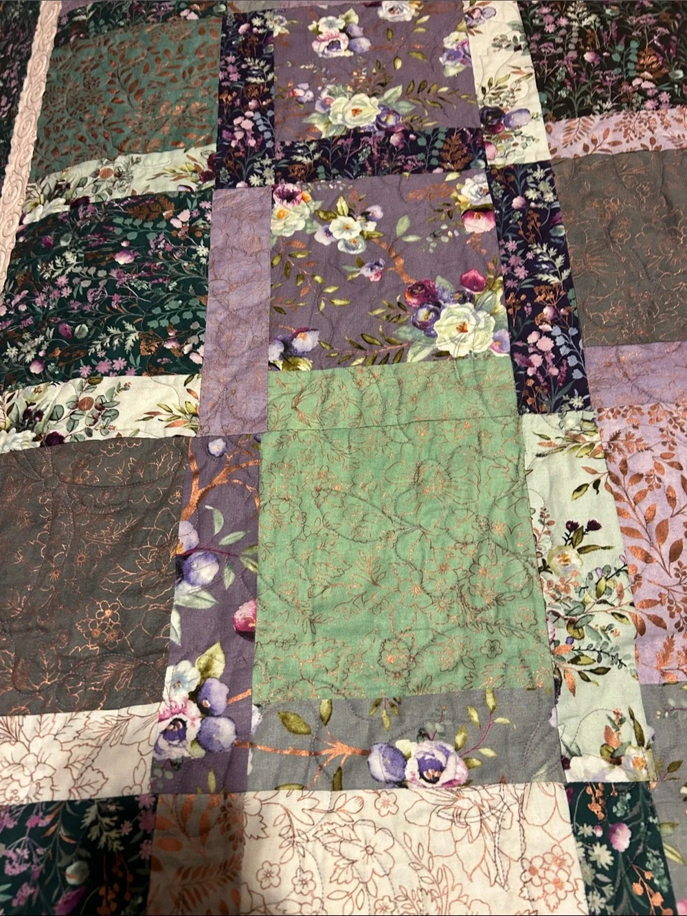 ONE OF A KIND - HANDCRAFTED Quilt in Shades of Purples, Green and Cream